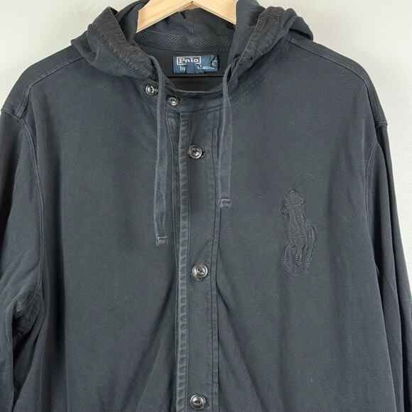 Polo Ralph Lauren Hoodie Jacket XL Mens Black Big Pony Embroidery Button-Up - Picture 3 of 9